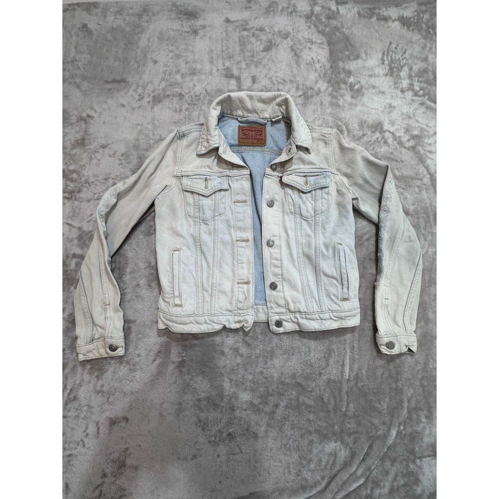 Levi's Denim Trucker Jacket Womens Small Floral Embroidered Bleached Distressed